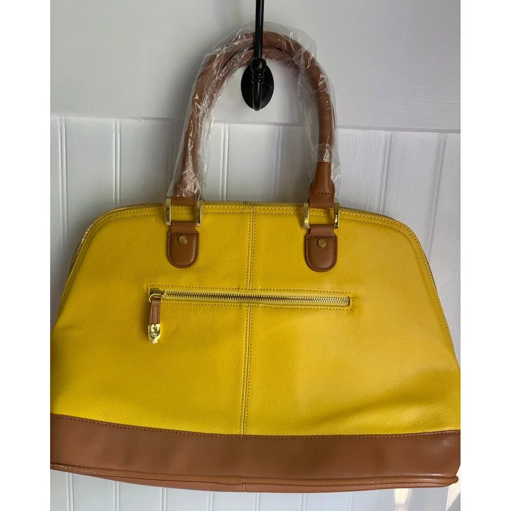 Joy & Iman Yellow Tan Split Leather Satchel Handbag Set with Wallet and Clock